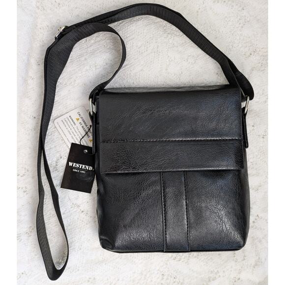 NEW Westend Crossbody Bag Black Vegan Faux Leather Snap Flap Wide Strap - Picture 1 of 10